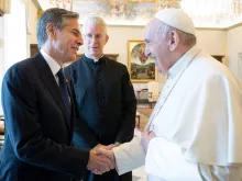 Pope Francis greets Secretary Antony Blinken at the Vatican on June 28, 2021.